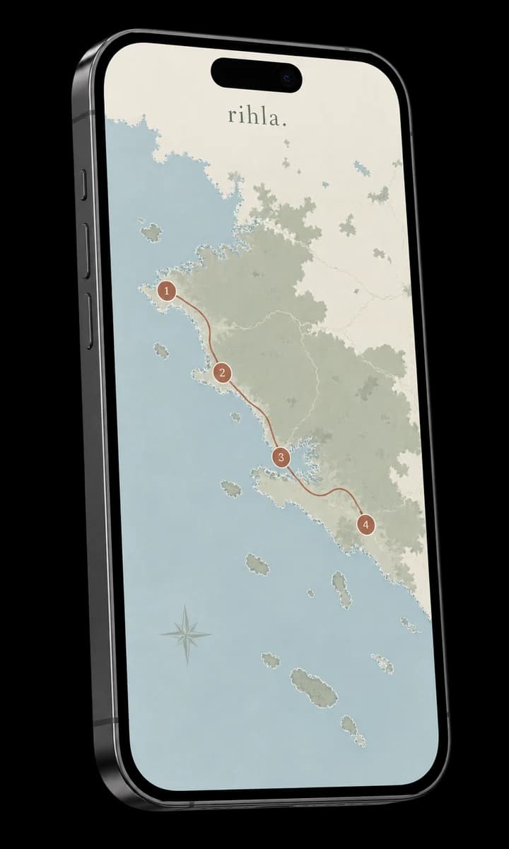 A phone displaying a coastal map and a four-stop itinerary.