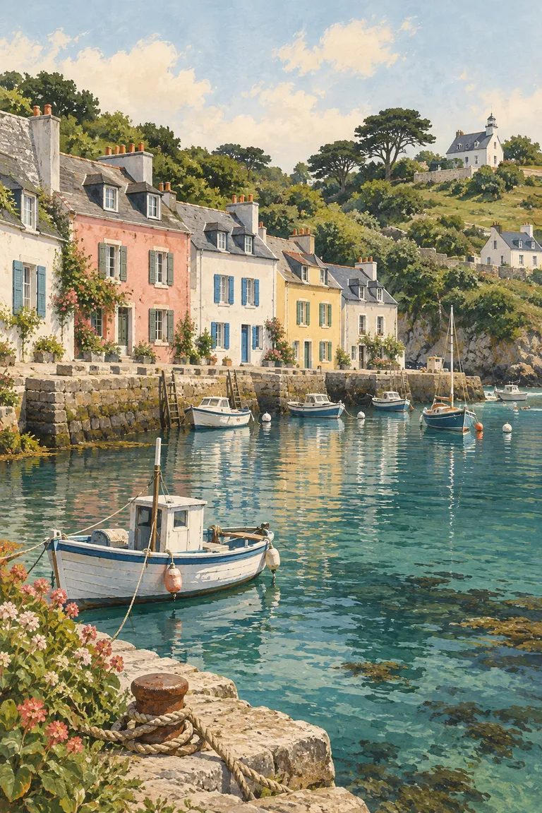 Generated illustration — colourful houses and the harbour at Sauzon.