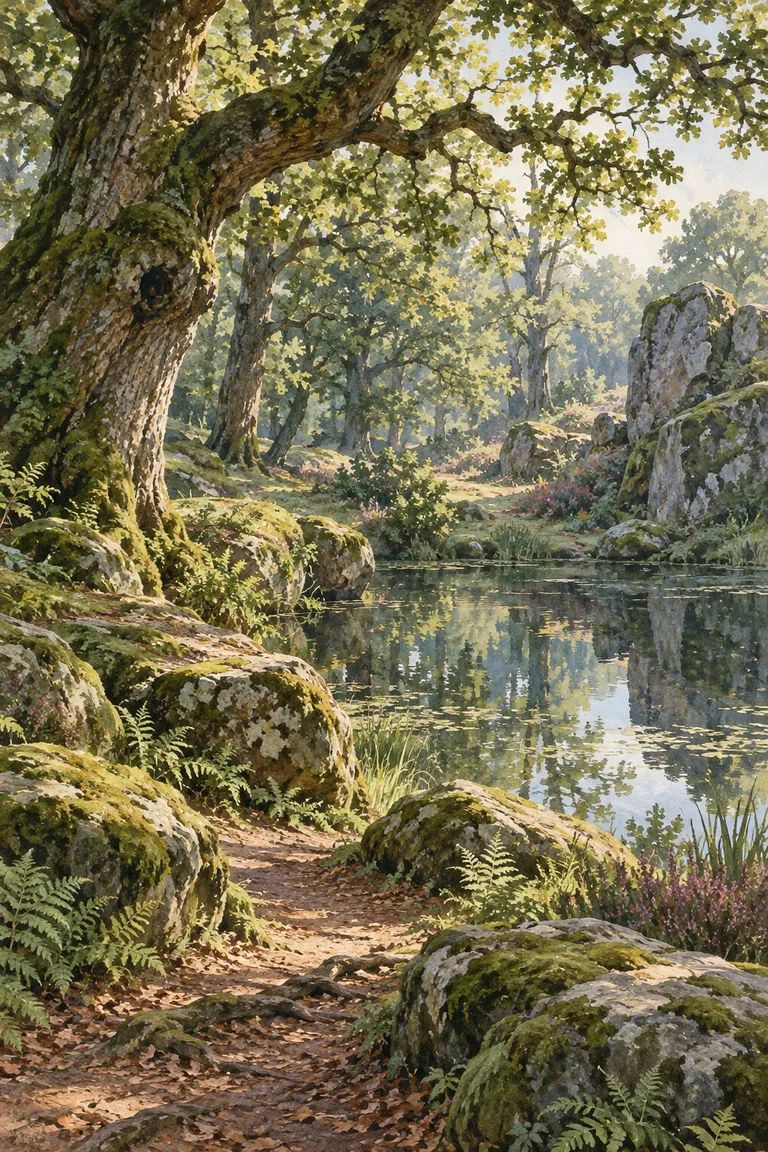 Generated illustration — woodland and a pond in the forest of Brocéliande.