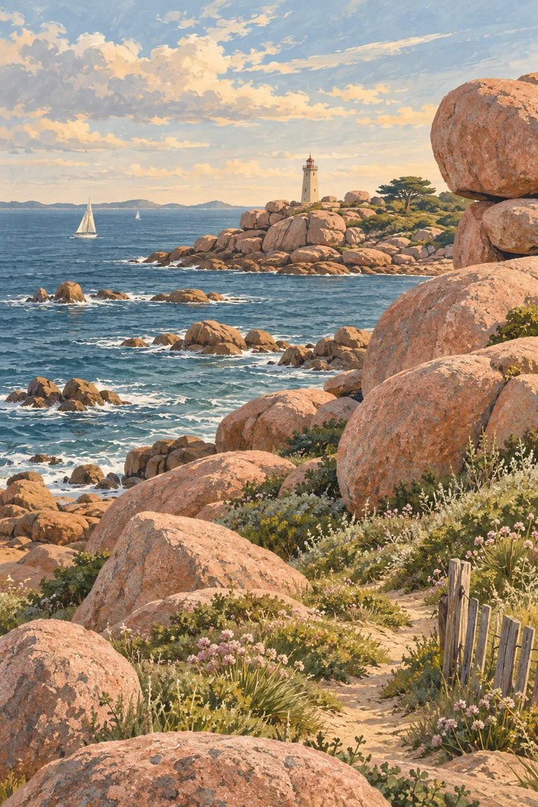Generated illustration — pink rocks and the sea near Ploumanac’h.