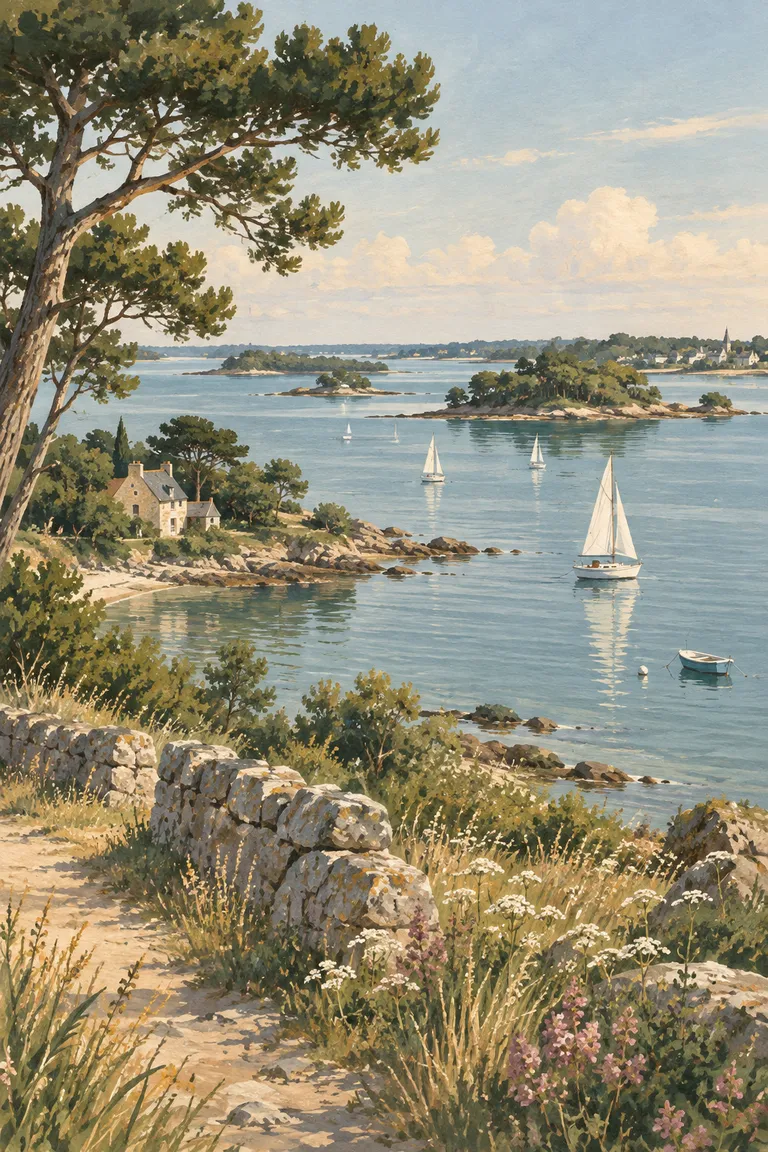 Generated illustration — sailing boats and small islands in the Gulf of Morbihan.
