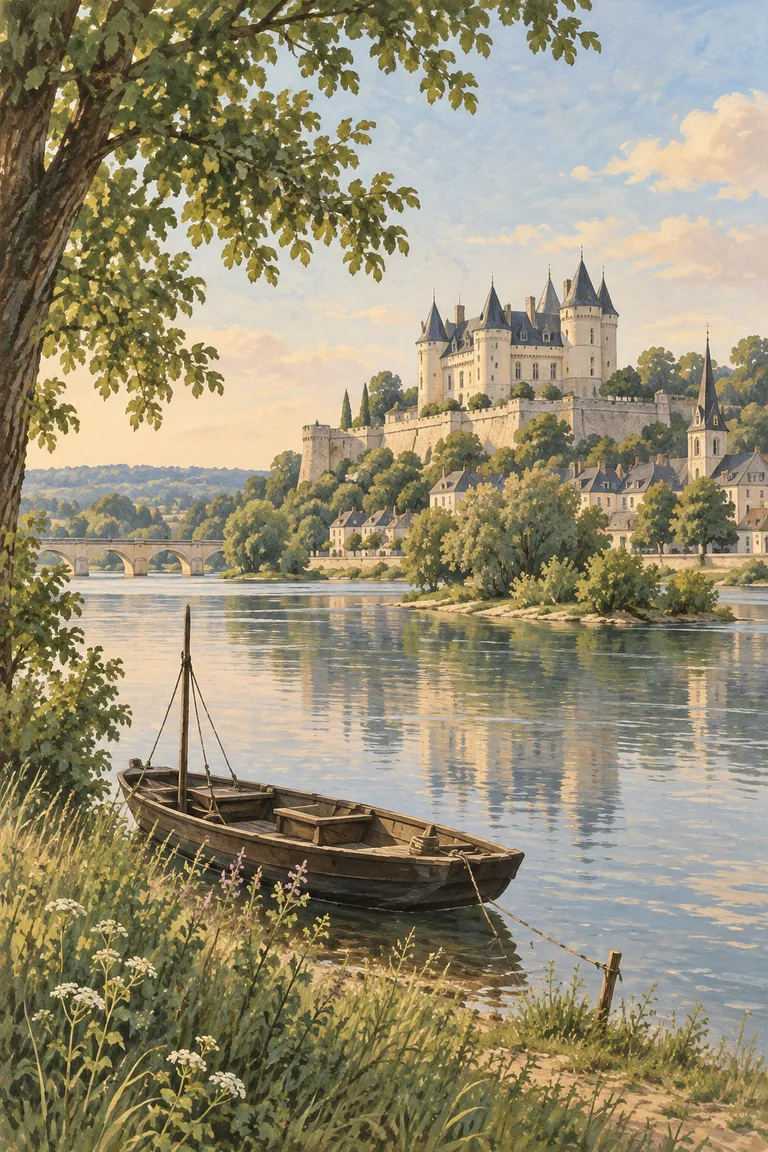 Generated illustration — the Loire, a traditional boat and the Château de Saumur.