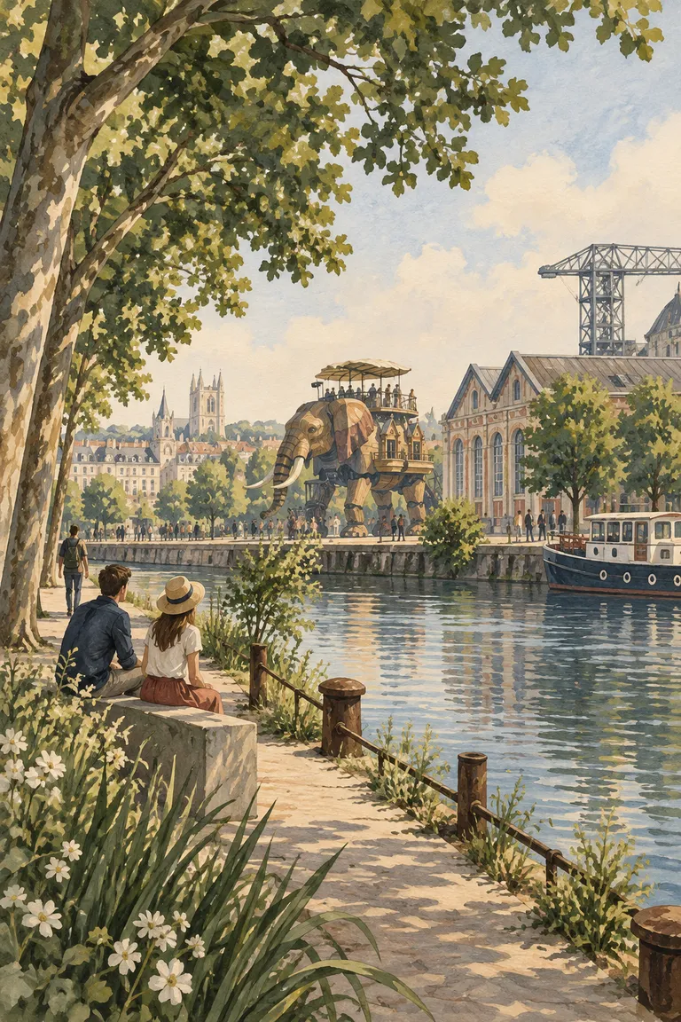 Generated illustration — an art walk on the Île de Nantes.