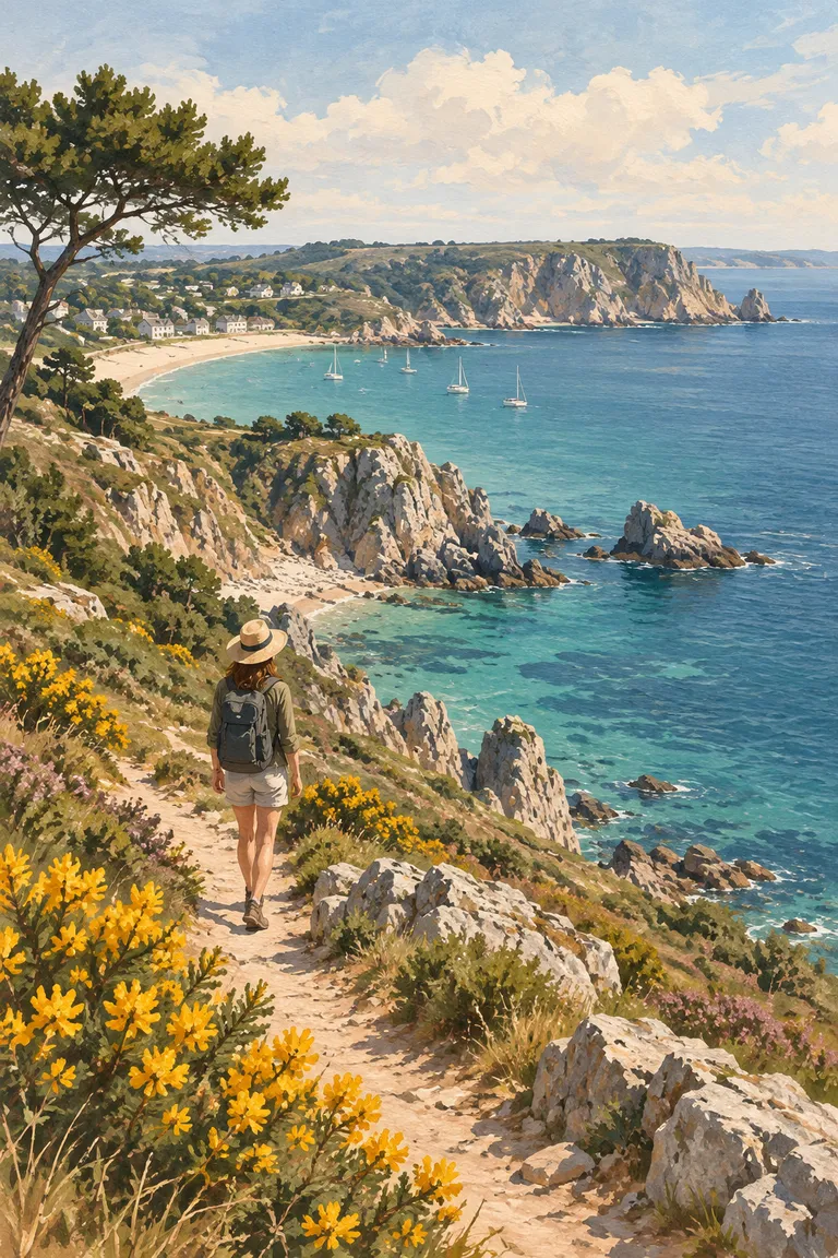 Generated illustration — a cove and coastal path on the Crozon peninsula.
