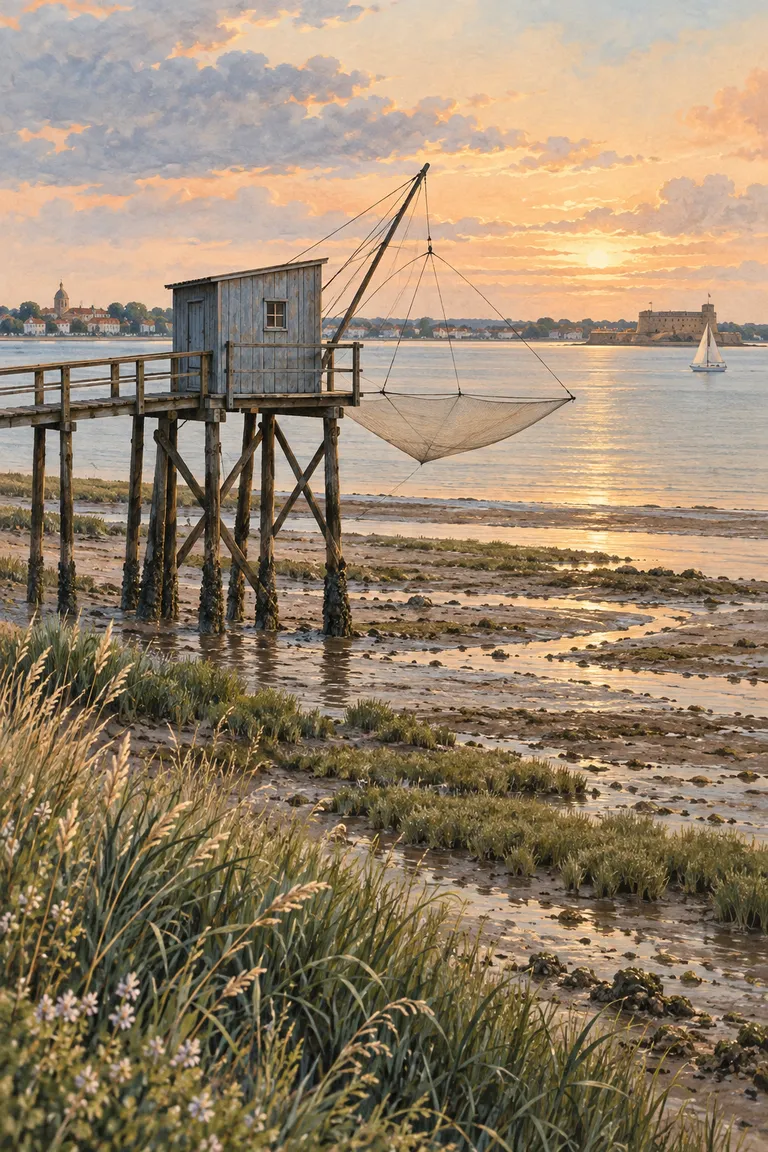 Generated illustration — a fishing hut and the shores of the Charente estuary.