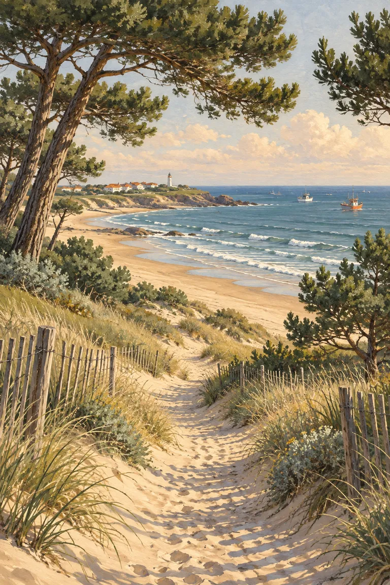 Generated illustration — dunes, pine trees and a beach on the Vendée coast.